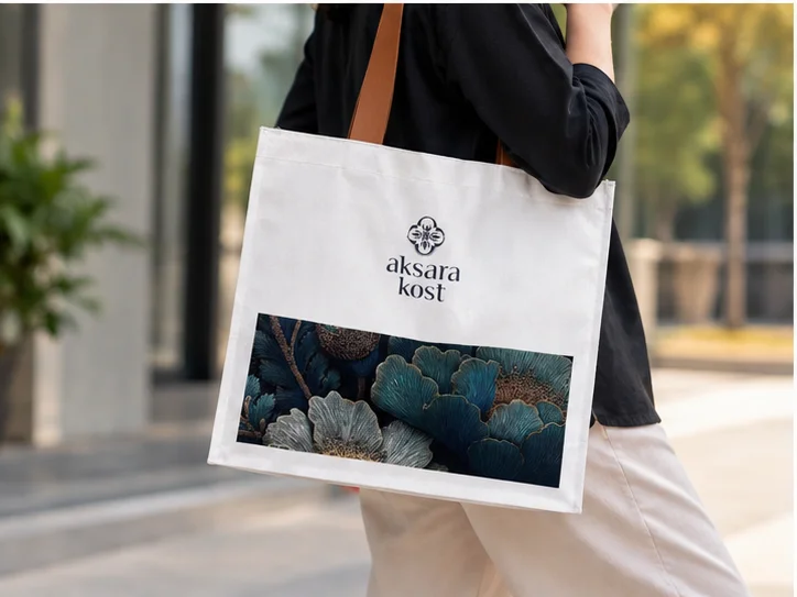 Tote bag lifestyle canvas aksara kost dengan motif botani bunga