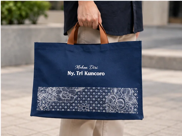 Tote bag navy blue kombinasi batik Mohon Diri Ny Tri Kuncoro