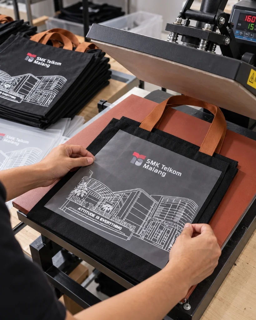 Dokumentasi produksi heat press DTF pengadaan 350 pcs tote bag seminar nasional teknologi SMK Telkom Malang