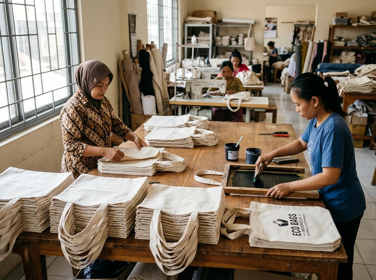 Dokumentasi produksi 500 pcs tote bag canvas greige natural workshop CSR Yogyakarta
