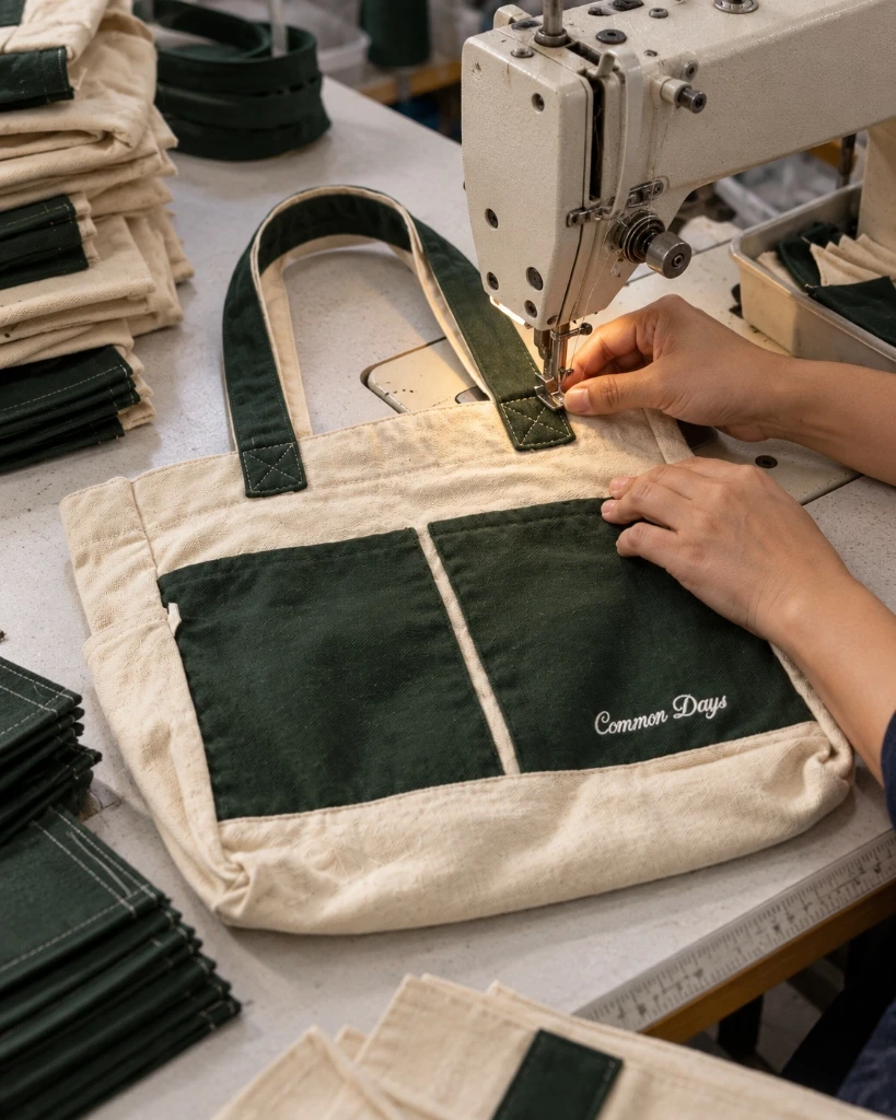 Dokumentasi pembuatan 180 pcs tote bag canvas twill hijau untuk karyawan perusahaan