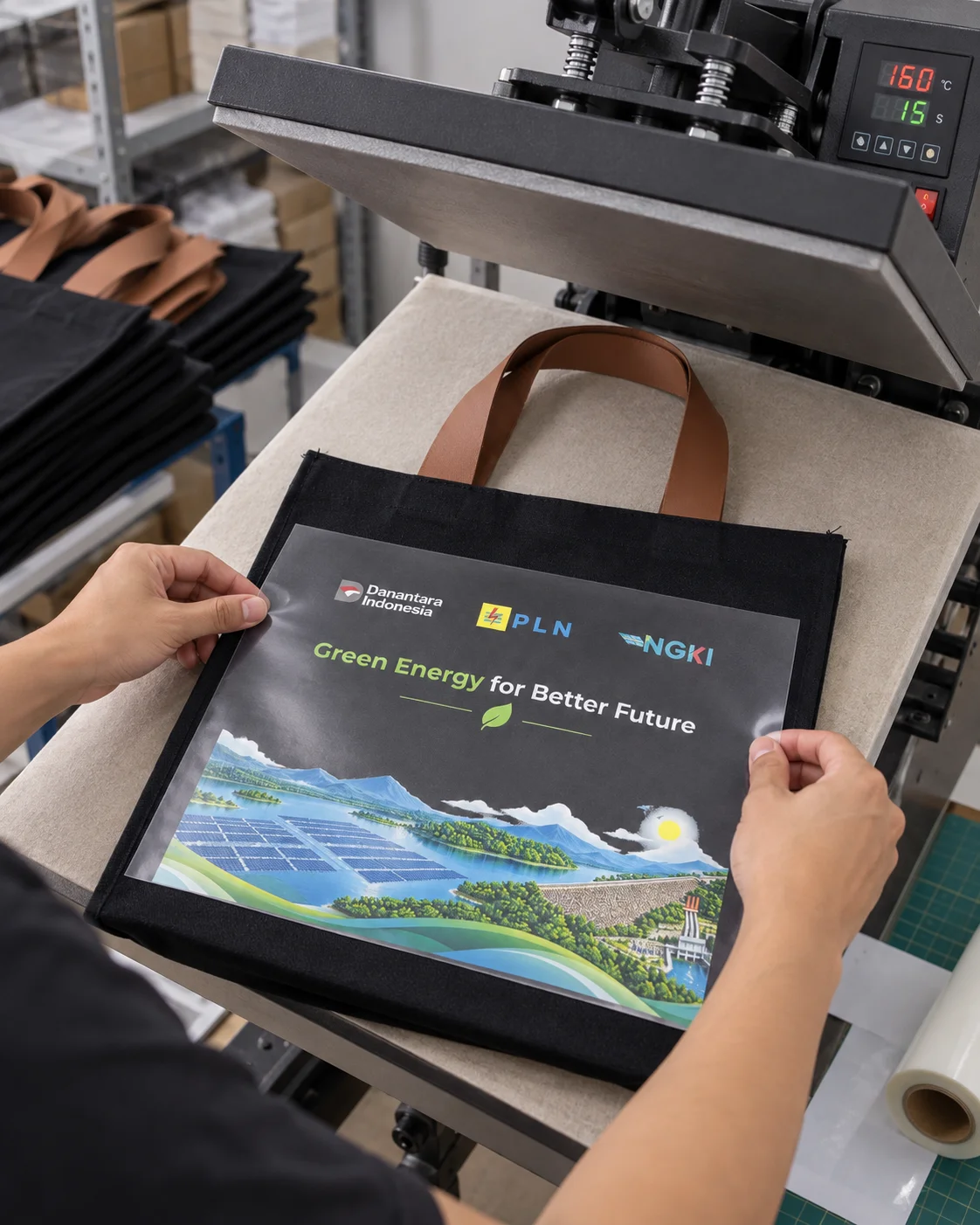 Proses aplikasi cetak heat press DTF digital pada tote bag di workshop