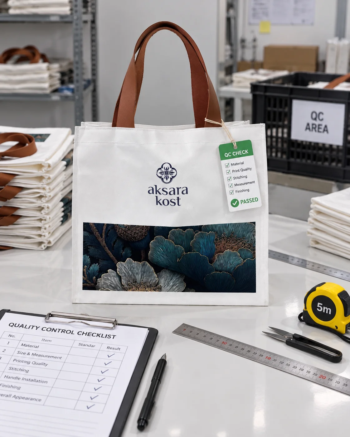 Meja inspeksi quality control tote bag aksara kost dengan checklist standar mutu