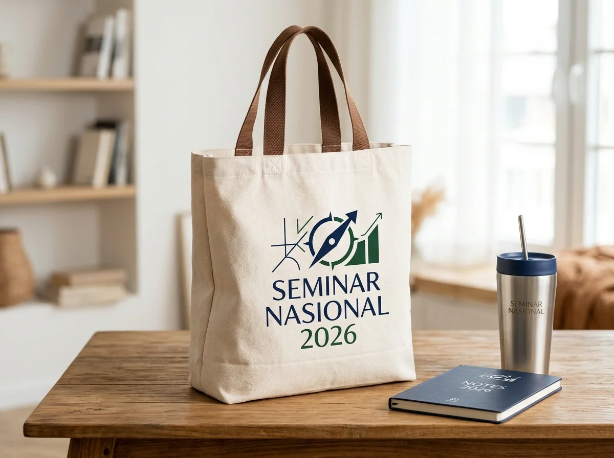 Paket tote bag canvas seminar nasional 2026 lengkap dengan tumbler stainless dan buku catatan